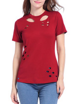 Casual Trendy Distressed Crew Neck Hollow Out Plain Short Sleeve T-Shirt Casual Trendy Distressed Crew Neck Hollow Out Plain Short Sleeve T-Shirt