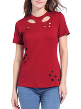 Casual Trendy Distressed Crew Neck Hollow Out Plain Short Sleeve T-Shirt Casual Trendy Distressed Crew Neck Hollow Out Plain Short Sleeve T-Shirt