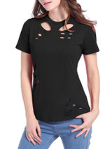 Casual Trendy Distressed Crew Neck Hollow Out Plain Short Sleeve T-Shirt Casual Trendy Distressed Crew Neck Hollow Out Plain Short Sleeve T-Shirt