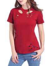 Casual Trendy Distressed Crew Neck Hollow Out Plain Short Sleeve T-Shirt Casual Trendy Distressed Crew Neck Hollow Out Plain Short Sleeve T-Shirt