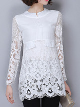 Casual Split Neck Patchwork Hollow Out Lace Plain Blouse Casual Split Neck Patchwork Hollow Out Lace Plain Blouse
