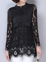Casual Split Neck Patchwork Hollow Out Lace Plain Blouse Casual Split Neck Patchwork Hollow Out Lace Plain Blouse