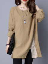 Casual Round Neck Patch Pocket Vented Blouse