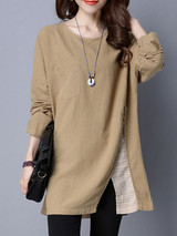 Casual Round Neck Patch Pocket Vented Blouse