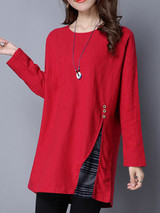 Casual Round Neck Patch Pocket Vented Blouse