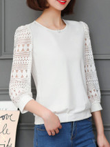 Casual Round Neck Patchwork Hollow Out Plain Blouse