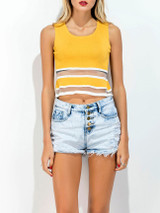 Casual Patchwork See-Through Striped Cropped Sleeveless T-Shirt