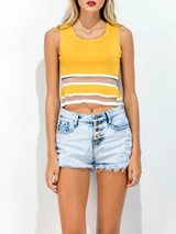 Casual Patchwork See-Through Striped Cropped Sleeveless T-Shirt