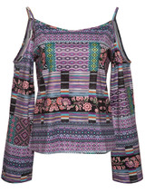 Casual Ethnic Style Open Shoulder Printed Long Sleeve T-Shirt