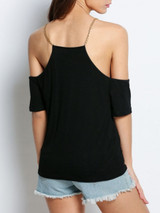 Casual Open Shoulder Chain Plain Delicate Short Sleeve T-Shirt