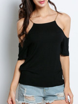 Casual Open Shoulder Chain Plain Delicate Short Sleeve T-Shirt