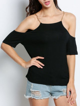 Casual Open Shoulder Chain Plain Delicate Short Sleeve T-Shirt