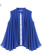 Casual Loose Band Collar Asymmetric Hem Color Block Chiffon Sleeveless T-Shirt