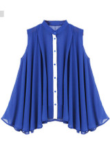 Casual Loose Band Collar Asymmetric Hem Color Block Chiffon Sleeveless T-Shirt