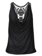 Casual Cowl Neck Decorative Lace Plain Sleeveless T-Shirt