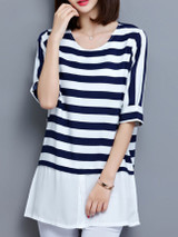 Casual Round Neck Striped Blouse With Half Sleeve