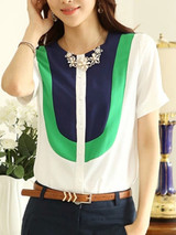 Casual Crew Neck Color Block Short Sleeve Blouse