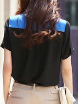 Casual Crew Neck Color Block Short Sleeve Blouse