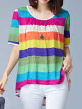 Casual Round Neck Multi-Color Striped High-Low Blouse