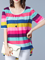 Casual Round Neck Multi-Color Striped High-Low Blouse