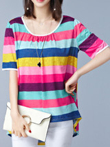 Casual Round Neck Multi-Color Striped High-Low Blouse
