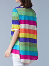 Casual Round Neck Multi-Color Striped High-Low Blouse