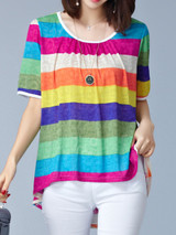 Casual Round Neck Multi-Color Striped High-Low Blouse