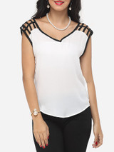 Casual Assorted Colors Hollow Out Charming V Neck Short-sleeve-t-shirt