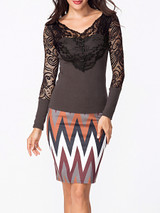 Casual V Neck Lace Patchwork Plain Hollow Out Long Sleeve T-shirt