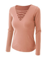 Casual V-Neck Lace-Up Plain Long Sleeve T-Shirt