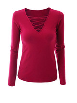 Casual V-Neck Lace-Up Plain Long Sleeve T-Shirt