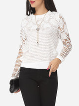 Casual Hollow Out Lace Plain Exquisite Crew Neck Long-sleeve-t-shirt
