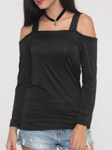Casual Hollow Out Plain Off Shoulder Long Sleeve T-shirt