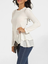Casual Falbala Crew Neck Plain Long Sleeve T-shirt