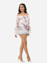 Casual Floral Printed Loose Fitting Off Shoulder Long-sleeve-t-shirt