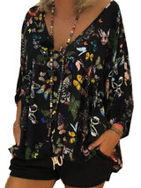 Plus Size Bow-printed V-neck Loose Blouses
