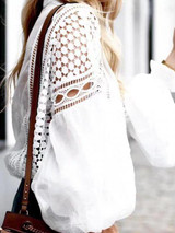 Lace Hollow Puff Sleeves Blouses&Shirts Top