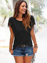 Short-sleeved Round Neck Tassels Cotton T-Shirt 8 Colors