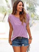 Short-sleeved Round Neck Tassels Cotton T-Shirt 8 Colors