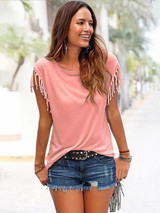 Short-sleeved Round Neck Tassels Cotton T-Shirt 8 Colors