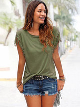 Short-sleeved Round Neck Tassels Cotton T-Shirt 8 Colors