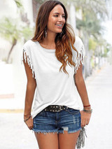 Short-sleeved Round Neck Tassels Cotton T-Shirt 8 Colors