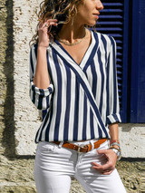 Striped V-neck Loose Blouses&shirts Tops