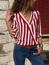 Striped V-neck Loose Blouses&shirts Tops