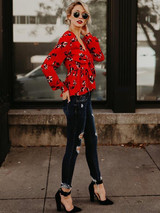Deep V-neck Printed Blouses&Shirts Top