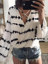 Chiffon Bandage Striped Deep V-neck Blouse Shirt Tops