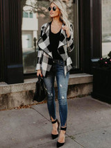 Fashion Plaid Lapel Long Sleeves Outwears Tops