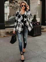 Fashion Plaid Lapel Long Sleeves Outwears Tops