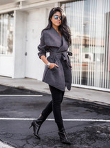 Solid Color Lapel Collar Belted Coat Tops