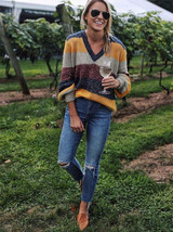 V-neck Knitting Striped Loose Sweater Tops